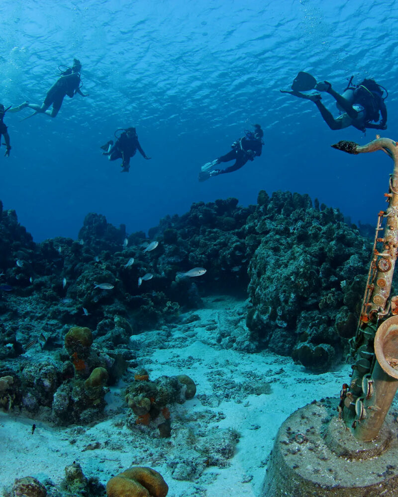 Saxofon underwater with divers