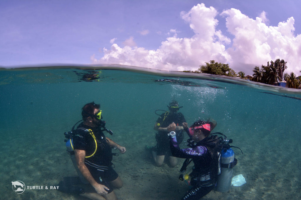 Scuba divers in Curaçao practicing skills